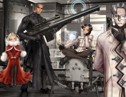 Rule 34 | 2boys, 2girls, black gloves, blonde hair, buttons, clenched teeth, cloak, coat, cyberpunk, dead drive, dress, expressionless, closed eyes, formal, glasses, gloves, gun, highres, holding, holding gun, holding weapon, holographic interface, long sleeves, looking at viewer, machinery, mecha, multiple boys, multiple girls, parted lips, pom pom (clothes), purple hair, red dress, rifle, rimless eyewear, robot, round eyewear, science fiction, shirou masamune, silver hair, sniper rifle, standing, suit, teeth, weapon