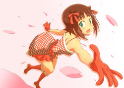 Rule 34 | 1girl, amami haruka, bare shoulders, boots, brown hair, dress, gloves, green eyes, hair ribbon, highres, idolmaster, idolmaster (classic), open mouth, outstretched arm, outstretched hand, petals, ribbon, santa boots, short hair, smile, solo, suneo (goten)