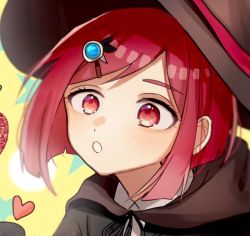 Rule 34 | 1girl, black cape, brown hat, cape, commentary request, danganronpa (series), danganronpa v3: killing harmony, hair ornament, hairclip, hat, heart, mdr (mdrmdr1003), portrait, red eyes, red hair, shirt, short hair, solo, white shirt, witch hat, yellow background, yumeno himiko