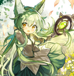Rule 34 | 1girl, animal ear fluff, animal ears, bad id, bad pixiv id, falling leaves, field, flower, flower field, fuepo, green hair, hand in own hair, leaf, long hair, long sleeves, looking at viewer, marchen forest ~merun-chan to mori no okurimono~, mylne, shirt, skirt, staff, wind, yellow eyes