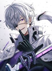 Rule 34 | 1boy, amamiya reiji (tokyo aliens), azuma hatori, black gloves, black shirt, earrings, eyepatch, finger to mouth, gloves, hand up, holding, holding sword, holding weapon, jacket, jacket on shoulders, jewelry, looking at viewer, male focus, one eye covered, open mouth, purple eyes, shirt, short hair, shushing, smile, solo, sword, tokyo aliens, weapon, white background, white hair, white jacket