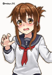 Rule 34 | 1girl, anchor symbol, black sailor collar, brown eyes, brown hair, commentary request, curled fingers, folded ponytail, inazuma (kancolle), kantai collection, long hair, looking at viewer, maakun (makun dx), neckerchief, one-hour drawing challenge, red neckerchief, sailor collar, school uniform, serafuku, simple background, solo, twitter username, upper body, white background