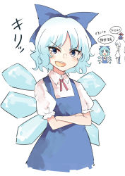 Rule 34 | 2girls, blue bow, blue dress, blue eyes, blue hair, blue headwear, bow, chibi, chibi inset, cirno, crossed arms, deetamu, dress, hair bow, highres, ice, ice wings, kamishirasawa keine, long hair, multiple girls, open mouth, pinafore dress, shirt, short hair, simple background, sleeveless dress, solo focus, speech bubble, teeth, touhou, translation request, upper teeth only, v-shaped eyebrows, white background, white hair, white shirt, wings