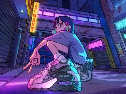 Rule 34 | 1girl, absurdres, air max, black hair, chewing gum, city, commentary, earrings, eyeshadow, glowing, hanabushi, highres, jewelry, kung-fu-piggy, looking at viewer, makeup, multicolored hair, nike (company), on one knee, outdoors, pink eyes, pink hair, sammy (kung-fu-piggy), shoes, short sleeves, shorts, sign, sneakers, socks, solo, streaked hair, symbol-only commentary, v