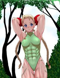 Rule 34 | 1girl, abs, armpits, blonde hair, blue eyes, breasts, cameltoe, cammy white, capcom, cleft of venus, covered erect nipples, female focus, isami jun, long hair, muscular, nipples, outdoors, pussy, scar, solo, standing, street fighter, swimsuit