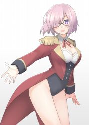 Rule 34 | 1girl, :d, arm at side, bad id, bad pixiv id, bare legs, black-framed eyewear, black leotard, blush, breasts, bright pupils, cleavage, coattails, comic, cowboy shot, detached collar, epaulettes, fate/grand order, fate (series), glasses, gradient background, hair over one eye, jacket, leaning forward, leg up, leotard, long sleeves, looking at viewer, mash kyrielight, mash kyrielight (welcome to the travelling circus!), medium breasts, mobu, official alternate costume, open clothes, open jacket, open mouth, outstretched arm, pink hair, purple eyes, reaching, reaching towards viewer, red jacket, red ribbon, ribbon, short hair, smile, solo, spread fingers, standing, tareme, thighs, welcome to the travelling circus!, white background