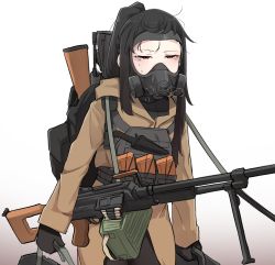 Rule 34 | 1girl, assault rifle, backpack, bag, black hair, breathing, carrying, coat, covered mouth, forehead, gas mask, gradient background, gun, half-closed eyes, highres, holstered, k0ng, knife, knife sheath, knife sheath, luggage, machine gun, mask, original, ponytail, red eyes, rifle, sheath, sidelocks, sweat, tactical clothes, vest, weapon, white background