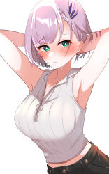 Rule 34 | 1girl, absurdres, armpits, arms behind head, blush, braid, breasts, chillout tang, french braid, green eyes, hair ornament, hairclip, highres, hololive, hololive indonesia, large breasts, midriff, pavolia reine, presenting armpit, short hair, simple background, solo, upper body, virtual youtuber, white background