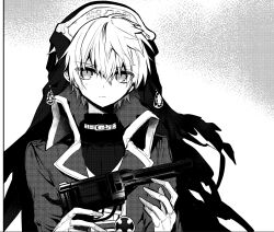 Rule 34 | 1boy, closed mouth, cyawa, gloves, greyscale, gun, hair between eyes, hands up, highres, holding, holding gun, holding weapon, jacket, looking at viewer, male focus, monochrome, original, shirt, solo, sweat, upper body, v-shaped eyebrows, weapon, weapon request