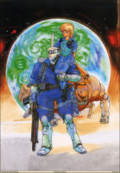 Rule 34 | 1980s (style), 1boy, 1girl, apple, appleseed, blonde hair, briareos hecatonchires, couple, cyberpunk, cyborg, deunan knute, earth (planet), food, fruit, gun, hetero, highres, intron depot, landmate, mecha, official art, retro artstyle, promotional art, retro artstyle, rifle, robot, robot ears, science fiction, shirou masamune, size difference, traditional media, uniform, weapon