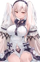 Rule 34 | 1girl, 7gao, armpits, arms up, azur lane, black bow, black choker, black hairband, black ribbon, blush, bow, breasts, chain, choker, closed mouth, clothing cutout, dress, formidable (azur lane), formidable (timeless classics) (azur lane), hair ornament, hairband, highres, large breasts, long hair, looking at viewer, navel, navel cutout, official alternate costume, red eyes, ribbon, see-through, silver hair, simple background, sitting, sleeveless, sleeveless dress, smile, smug, solo, twintails, very long hair, white background, white dress