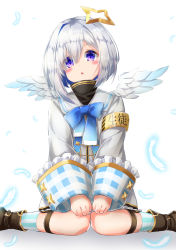 Rule 34 | 1girl, absurdres, aiguillette, amane kanata, angel, angel wings, armband, asymmetrical bangs, asymmetrical hair, black skirt, blue hair, blue socks, blue wings, blush, bob cut, boots, bow, bowtie, chestnut mouth, colored inner hair, cropped jacket, feathered wings, feathers, feet out of frame, frilled skirt, frills, gingham, gingham legwear, gradient wings, grey jacket, hair over one eye, halo, highres, hololive, jacket, knees together feet apart, legwear garter, long sleeves, looking at viewer, mini wings, miniskirt, multicolored hair, multicolored wings, parted lips, pink hair, purple eyes, sailor collar, shirt, short hair, silver hair, simple background, single hair intake, sitting, skirt, sleeve cuffs, sleeves rolled up, socks, solo, star halo, streaked hair, turtleneck, virtual youtuber, white background, white shirt, white wings, wide sleeves, wings, yukikawa sara