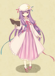 Rule 34 | 1girl, bobby socks, book, bow, capelet, crescent, dress, female focus, hair bow, hat, hat ribbon, long hair, minamura haruki, patchouli knowledge, purple eyes, purple hair, ribbon, see-through, simple background, sketch, socks, solo, standing, striped, touhou, vertical stripes, white socks