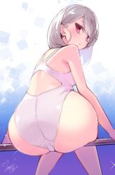 Rule 34 | 1girl, ass, aya-chan (minoa), back, blue eyes, blush, breasts, competition swimsuit, looking at viewer, looking back, minoa (lastswallow), one-piece swimsuit, original, purple eyes, short hair, silver hair, sitting, solo, swimsuit
