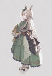Rule 34 | 1girl, 21 (nijuichinichi), animal ears, back bow, black bow, bow, braid, dress, frilled sleeves, frills, gem, glint, green dress, grey background, grey hair, hair between eyes, half updo, high heels, horse ears, horse girl, long hair, looking back, open mouth, see-through, simple background, sleeves past fingers, sleeves past wrists, solo, standing, umamusume, very long hair, yellow eyes