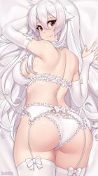 Rule 34 | 1girl, artist name, ass, bed sheet, bra, breasts, bridal gauntlets, brown eyes, commentary, dakimakura (medium), elbow gloves, english commentary, frilled bra, frilled garter belt, frilled panties, frills, garter belt, gloves, highres, iwbitu, large breasts, lingerie, long hair, looking at viewer, lying, nyopu, on stomach, original, panties, smile, solo, thighhighs, underwear, underwear only, white bra, white garter belt, white gloves, white hair, white panties, white thighhighs