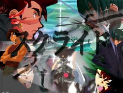 Rule 34 | 00s, 2boys, alter form, brown hair, close-up, closed eyes, closed mouth, expressionless, from side, green eyes, green hair, kazuma (scryed), multiple boys, profile, ryuhou, scryed, short hair, upper body, wallpaper, wince