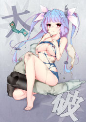 Rule 34 | 10s, 1girl, barefoot, blue hair, breasts, cleavage, dirty, feet, hair ornament, hair ribbon, i-19 (kancolle), kaguyuzu, kantai collection, large breasts, long hair, looking at viewer, multicolored hair, one-piece swimsuit, personification, purple hair, red eyes, ribbon, school swimsuit, skindentation, solo, swimsuit, tears, toes, torn clothes, torn swimsuit, torpedo, twintails, two-tone hair, underboob
