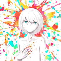 Rule 34 | 1boy, avogado6, blue eyes, clutching chest, colored skin, colorful, looking at viewer, male focus, no mouth, nude, original, paint splatter on face, paint splatter, short hair, solo, white hair, white skin