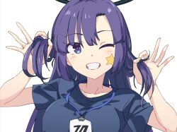 Rule 34 | black shirt, blue archive, blue eyes, halo, highres, id card, looking at viewer, momomatang, one eye closed, purple hair, shirt, simple background, star (symbol), t-shirt, white background, yuuka (blue archive), yuuka (track) (blue archive)