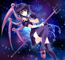 Rule 34 | 1girl, bad id, bad pixiv id, black hair, black thighhighs, dress, female focus, houjuu nue, pico (picollector79), polearm, red eyes, short hair, snake, solo, spear, thighhighs, touhou, trident, weapon, wings