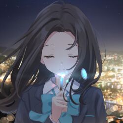 Rule 34 | 1girl, absurdres, alt text, black hair, black jacket, blazer, blue bow, blue bowtie, bow, bowtie, cityscape, closed eyes, closed mouth, collared shirt, commentary request, glowing, hand up, highres, holding, holding wand, jacket, long hair, long sleeves, night, original, photo background, school, shirt, smile, solo, split mouth, wand, white shirt, yutuki ame