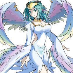 1girl blue_eyes blue_hair digimon feathers personification solo valdurmon wings