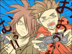 Rule 34 | 00s, age difference, brown eyes, brown hair, controller, fang, father and son, hair over one eye, kratos aurion, lloyd irving, lowres, male focus, open mouth, short hair, simple background, tales of (series), tales of symphonia, translation request