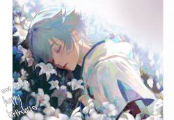 Rule 34 | 1boy, ahoge, artist name, black gloves, blue hair, chongyun (genshin impact), closed eyes, colored eyelashes, commentary, commentary request, dated, english commentary, eyelashes, fae (faereiyon), fingerless gloves, flower, genshin impact, gloves, grass, hair between eyes, hand up, happy birthday, heart, highres, hood, hood down, hoodie, male focus, mixed-language commentary, parted lips, pillarboxed, short hair, short sleeves, sidelocks, solo, upper body, white flower, white hoodie