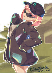 Rule 34 | 1girl, alternate costume, bare legs, black hat, blunt bangs, commentary request, coral (pokemon), cowboy shot, creatures (company), disguise, eki (charadedge), game freak, hand up, hat, highres, jacket, long sleeves, looking at viewer, nintendo, official alternate costume, open clothes, open jacket, outline, pink hair, pokemon, pokemon (anime), pokemon horizons, shirt, sleeves past fingers, sleeves past wrists, smile, solo, sunglasses, translation request