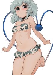 Rule 34 | 1girl, animal print, bare arms, bare legs, bare shoulders, barefoot, bikini, blush, breasts, closed mouth, cow print, eyeball, geppewi, green eyes, green hair, highres, komeiji koishi, navel, short hair, simple background, small breasts, solo, swimsuit, third eye, touhou, wavy hair, white background, white bikini