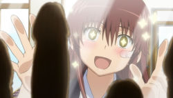 Rule 34 | + +, 1girl, against glass, bandaid, blush, brown hair, candy, erection, food, happy, kissxsis, open mouth, penis, phallic symbol, sexually suggestive, smile, solo, suminoe riko