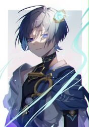 Rule 34 | 1boy, 1girl, akasaki aimu, black shirt, blue eyes, blue hair, blurry, border, commentary request, crying, depth of field, gem, genshin impact, highres, jewelry, looking at viewer, male focus, mandarin collar, scaramouche (genshin impact), shirt, short hair, single bare shoulder, solo, two-tone vest, upper body, white border