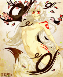 Rule 34 | 1girl, albino, amaterasu (ookami), animal ears, arched back, breasts, censored, convenient censoring, dog ears, ferazhin, long hair, markings, nude, ookami (game), personification, petals, red eyes, small breasts, solo, tail, white hair, wolf ears, wolf tail