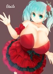Rule 34 | 1girl, aqua eyes, aqua hair, bare shoulders, breasts, brown background, cleavage, collarbone, dress, drill hair, facominn, flower, hair flower, hair ornament, hatsune miku, highres, huge breasts, looking at viewer, project diva (series), red dress, rose, simple background, smile, solo, twin drills, vocaloid