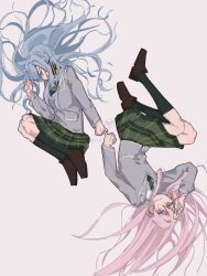 Rule 34 | 2girls, bang dream!, bang dream! it&#039;s mygo!!!!!, blue hair, brown footwear, chihaya anon, chinese commentary, closed mouth, collared shirt, commentary request, dated, dated commentary, from above, full body, green necktie, green skirt, green socks, grey background, grey jacket, hanemi, haneoka school uniform, jacket, kneehighs, loafers, long sleeves, looking at viewer, looking up, lying, multiple girls, necktie, on side, pink hair, pinky swear, plaid, plaid skirt, pleated skirt, school uniform, shirt, shoes, simple background, skirt, socks, togawa sakiko, two side up, white shirt
