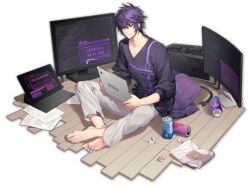 Rule 34 | 1boy, artist request, barefoot, black shirt, brown eyes, can, crossed legs, cushion, drink can, english text, feet, hacking, holding, holding tablet pc, ling (mahjong soul), mahjong soul, male focus, monitor, official art, on floor, pants, paper, purple hair, shirt, short hair, simple background, sitting, soda can, solo, tablet pc, tachi-e, transparent background, v-neck, white pants