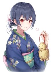 Rule 34 | 1girl, black cola, blue hair, blue kimono, blush, closed mouth, doll, floral print, flower, hair flower, hair ornament, heart, highres, idolmaster, idolmaster shiny colors, japanese clothes, kimono, long sleeves, looking at viewer, morino rinze, obi, red eyes, sash, short hair, simple background, smile, solo, straw doll, upper body, white background, zipper