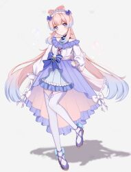 Rule 34 | 1girl, air bubble, alternate costume, blue gemstone, blue hair, bow, bow-shaped hair, bubble, closed mouth, colored tips, dress bow, footwear bow, full body, gem, genshin impact, gloves, hand on own hip, heart, highres, long hair, long sleeves, looking at viewer, multicolored hair, pink hair, pomufuwari, purple eyes, purple footwear, sangonomiya kokomi, shadow, sidelocks, simple background, smile, solo, standing, standing on one leg, thighhighs, vision (genshin impact), white gloves, white thighhighs