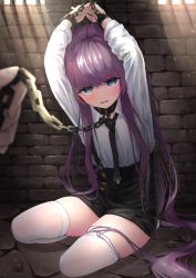 Rule 34 | 1girl, absurdres, arms up, azur lane, black neckwear, black shorts, blouse, blue eyes, blush, bound, bound arms, chain, collar, dot nose, dungeon, full body, hair ribbon, highres, hitsuji (sheepsb22), huge filesize, leash, lips, long hair, looking at viewer, on floor, open mouth, ponytail, pov, pov hands, purple hair, ribbon, shiny skin, shirt, short shorts, shorts, sitting, skindentation, solo focus, suspender shorts, suspenders, tashkent (azur lane), tashkent (the bound cruiser) (azur lane), thighhighs, white shirt, white thighhighs