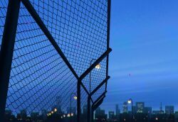 Rule 34 | blue sky, building, chain-link fence, chromatic aberration, city, city lights, cityscape, clear sky, dusk, fence, highres, lamppost, no humans, object focus, original, outdoors, poupee (capo sung), scenery, sky, skyscraper, still life