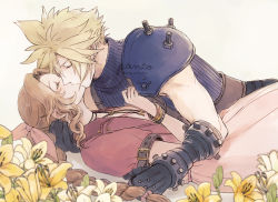 Rule 34 | 1boy, 1girl, aerith gainsborough, ancotsubu, armor, belt, blonde hair, blue shirt, bracelet, braid, braided ponytail, brown hair, choker, closed eyes, cloud strife, couple, dress, earrings, field, final fantasy, final fantasy vii, final fantasy vii remake, flower, flower field, hair between eyes, hair ribbon, hand on another&#039;s chest, hand on another&#039;s head, highres, jacket, jewelry, kiss, long dress, long hair, muscular, muscular male, parted bangs, pink dress, red jacket, ribbon, shirt, shoulder armor, sidelocks, single earring, sleeveless, sleeveless turtleneck, spiked hair, suspenders, turtleneck, upper body, wavy hair, white background, yellow flower