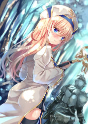Rule 34 | 10s, 1boy, 1girl, armor, ass, black thighhighs, blonde hair, blurry, blurry background, breasts, commentary request, day, depth of field, dress, dutch angle, forest, full armor, fur trim, goblin slayer, goblin slayer!, hair between eyes, hat, head tilt, helm, helmet, holding, holding staff, long sleeves, looking at viewer, looking back, nature, outdoors, parted lips, pixiv id, priestess (goblin slayer!), small breasts, smile, solo focus, staff, standing, thighhighs, tree, twitter username, white dress, white hat, wide sleeves, xephonia