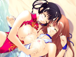 Rule 34 | 2girls, asymmetrical docking, black hair, blush, braid, breast press, breasts, breasts out, brown hair, cum, cum on body, cum on breasts, cum on hair, cum on upper body, dead or alive, closed eyes, facial, from above, highres, iizuki tasuku, kasumi (doa), large breasts, lei fang, multiple girls, nipples, nipples touching, open mouth, tecmo, water