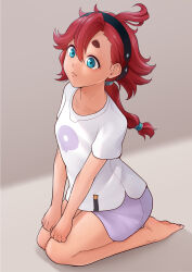 Rule 34 | 1girl, barefoot, black hairband, blue eyes, breasts, closed mouth, collarbone, commentary request, full body, grey background, gundam, gundam suisei no majo, hair between eyes, hairband, highres, long hair, looking away, ogry ching, purple shorts, red hair, seiza, shirt, short eyebrows, short shorts, short sleeves, shorts, sitting, small breasts, soles, solo, suletta mercury, thick eyebrows, white shirt