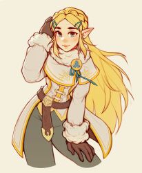 Rule 34 | 1girl, belt, blush, braid, brown belt, brown gloves, brown pants, cropped legs, crown braid, fur collar, gloves, hand on own leg, hand up, highres, jacket, leaning forward, long hair, long sleeves, nintendo, oxcoxa, pants, parted bangs, princess zelda, simple background, smile, solo, the legend of zelda, the legend of zelda: breath of the wild, white jacket, winter clothes