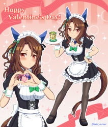 Rule 34 | 1girl, alternate costume, animal ears, apron, breasts, brown hair, cleavage, commentary request, food, full body, heart, heart hands, horse ears, horse girl, horse tail, king halo (umamusume), looking at viewer, maid apron, maid headdress, medium breasts, medium hair, pantyhose, plate, red eyes, seki (hyokosho), simple background, solo, sweets, tail, twitter username, umamusume