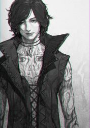 Rule 34 | 1boy, chromatic aberration, folded fan, collarbone, devil may cry (series), devil may cry 5, folding fan, full-body tattoo, greyscale, hand fan, highres, jewelry, male focus, monochrome, necklace, neko sheep, topless male, smile, solo, tattoo, tooth necklace, upper body, v (devil may cry)