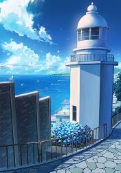 Rule 34 | bird, blue sky, building, bush, cloud, day, lighthouse, mizuasagi, no humans, ocean, original, outdoors, railing, scenery, seagull, sky, wall, water