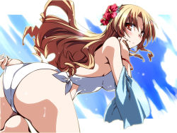 Rule 34 | 1girl, adjusting clothes, adjusting swimsuit, ass, blonde hair, blue sky, breasts, flower, hair flower, hair ornament, hemogurobin a1c, hibiscus, long hair, looking at viewer, one-piece swimsuit, red eyes, sky, smile, solo, sweat, swimsuit, touhou, touhou (pc-98), towel, very long hair, white one-piece swimsuit, yumeko (touhou)